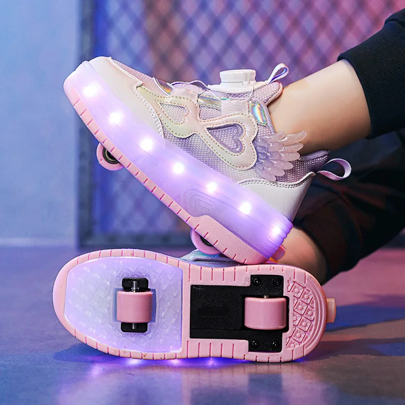 Girls Roller Skate Sneakers USB Charge Removeable Wheels Sport Roller Shoes Luminous Wing Thick Sole Board Shoes Kids Trainers