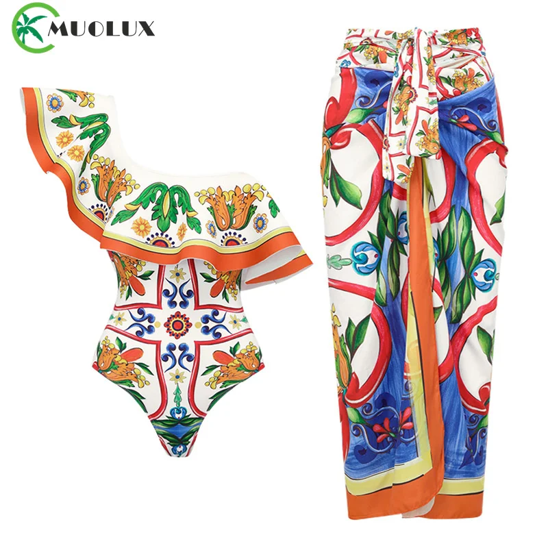 

MUOLUX 2024 Flower Printed One Shoulder Ruffle One Piece Swimsuit and Skirt Swimwear Set Women Beachwear Luxury Bathing Suit