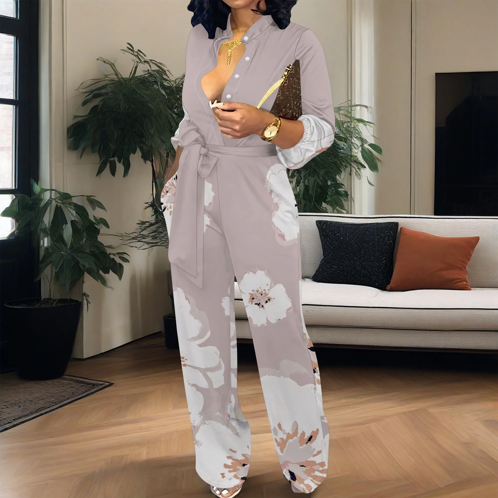 Women’s Long Sleeve Jumpsuit Floral Print Loose Fit Belted Wide Leg One Piece Casual Office Romper