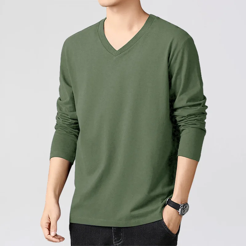 

Мужская облегающая футболка с V-образным вырезом и длинным рукавом из хлопка, осенне-зимнее тонкое термобелье, однотонная базовая футболка