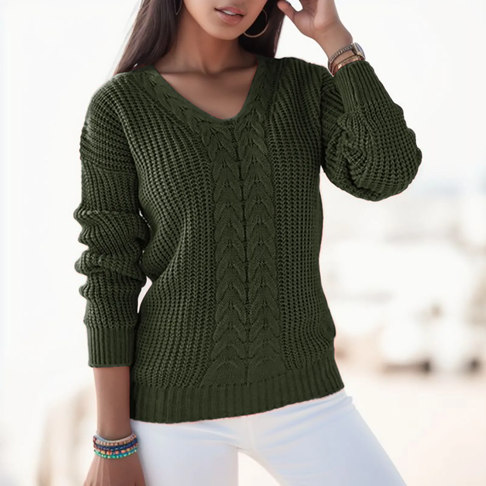 Women's Knitting Sweater Loose Fit V Neck Seven Quarter Sleeve Dress Winter Solid Color Long Sleeve Casual Pullover Jumper