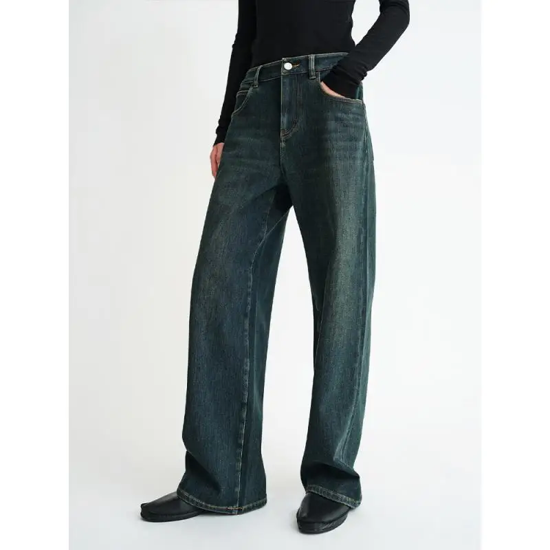 Maxdutti Nordic Minimalist Autumn And Winter Retro Stone Wash Elastic Thick Fleece Straight Leg Wide Leg Jeans Warm Denim Pants