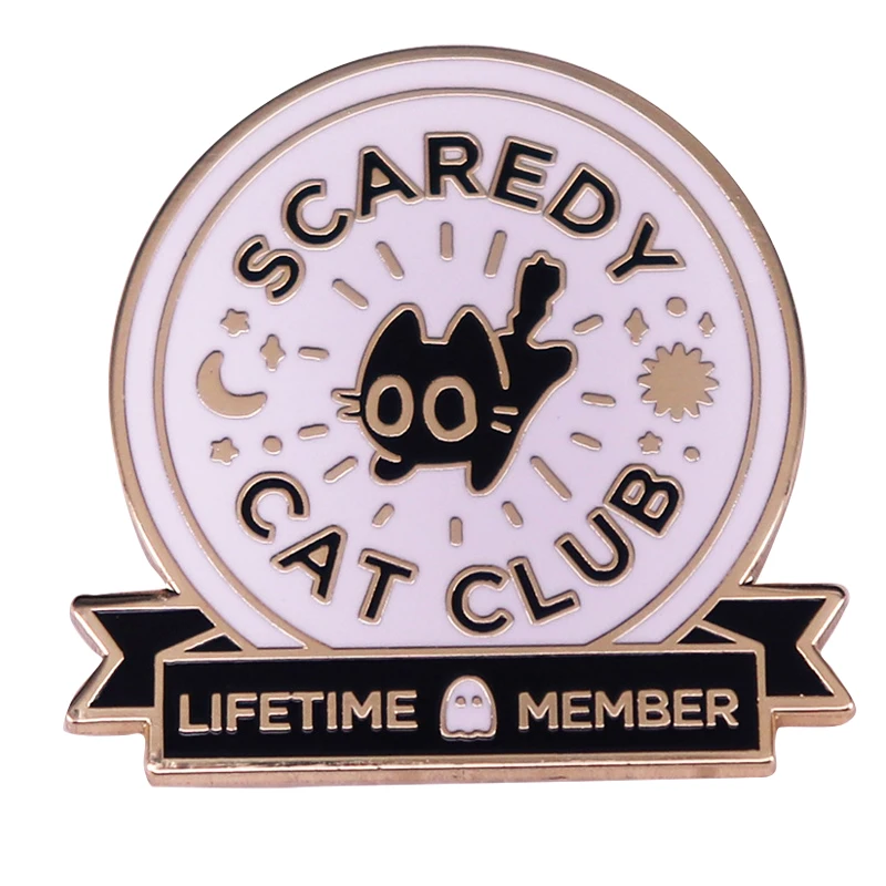 

A2656 Scaredy Cat Club Enamel Pins Lifetime Member Brooches Lapel Pin Black Kitten Animal Cartoon Brooch Jewelry