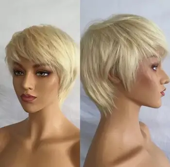 วิกผมเส้นผมมนุษย์แท้สั้นผมบลอนด์วิกผมสั้นผมตัดสีบลอนด์หน้าม้า
