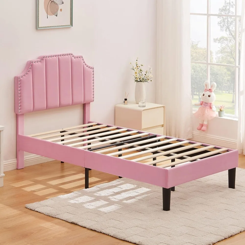 VECELO-Twin Estofados Plataforma Bed Frame para Crianças, Cabeceira Ajustável Tufado, Fundação Colchão, Madeira Slat, Meninas e Meninos