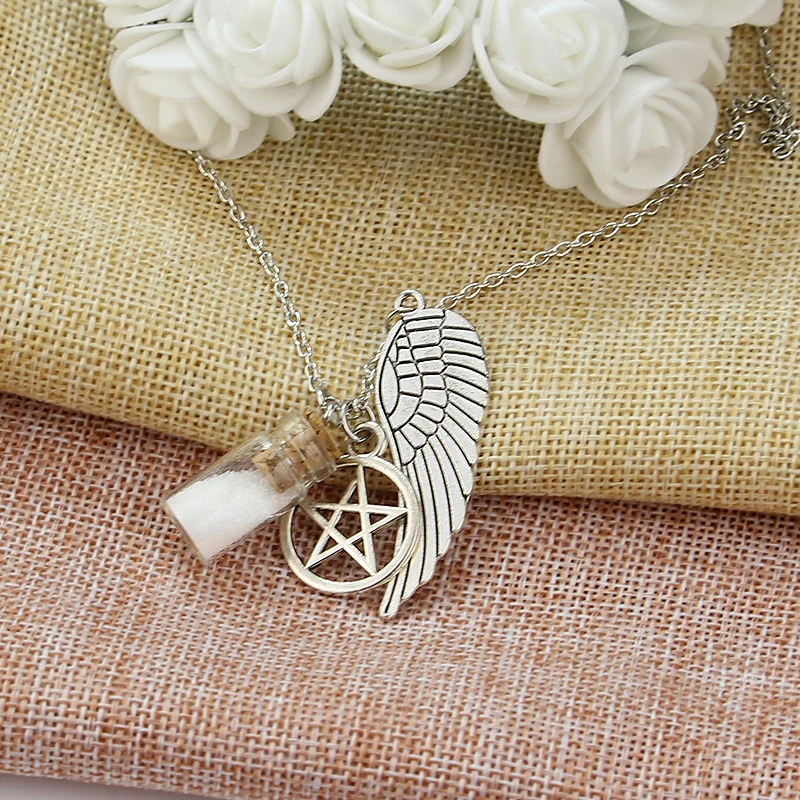 Handmade Necklace Movie Supernatural Pentacle Angel Wings Wishing Bottle Guardian Series Silver Plated Jewelry