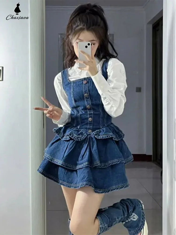 Denim Suspender Dress Spring New Style Women\'s Sweet Y2K Solid Color Shirt Waist Ruffled Skirt Design Short Skirt Suit