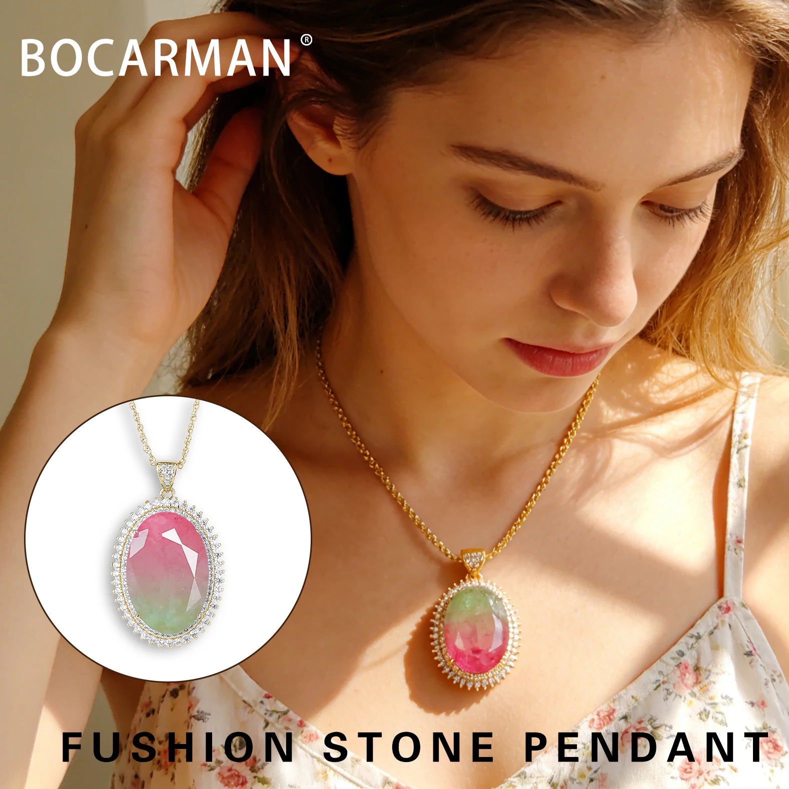 Copper oval N10 pink to green gradient Pendant Natural texture Fusion gemstone Jewelry Adjustable Cord Necklace Gift for women
