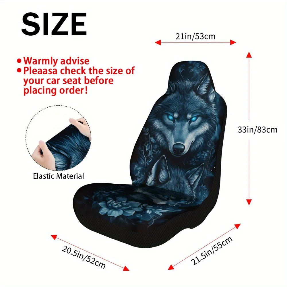 2pcs Horror Fantasy Blue Wolves Print Car Seat Covers - Durable Polyester, Easy To Install, Universal Fit For Cars, Trucks, SUVs