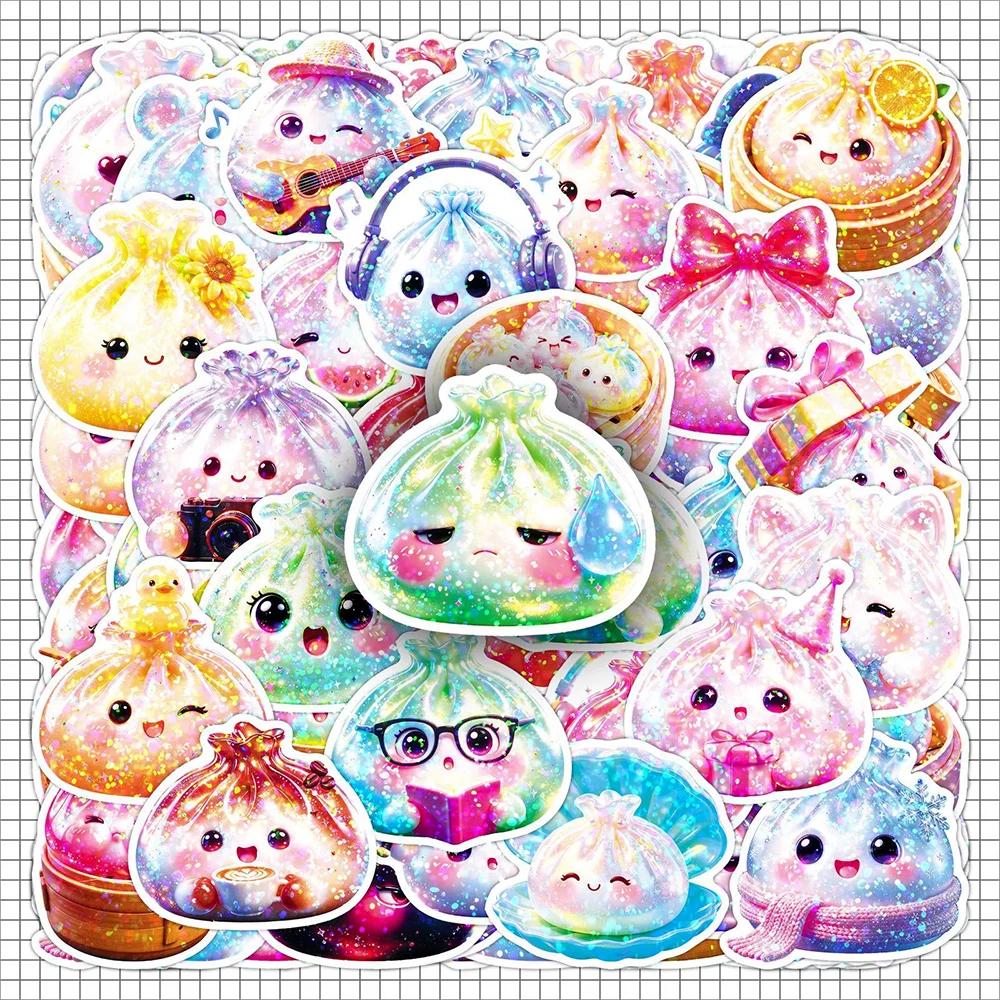 10/30/50pcs Laser Colorful Crystal Baozi Stickers Cartoon Steamed Buns Decals Water Bottle Notebook Phone Cute Sticker Wholesale