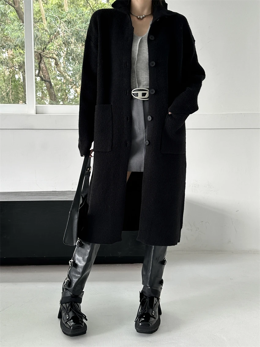 

Double pocket stand up collar long and thick women's autumn and winter high neck loose Korean version medium long sweater jacket