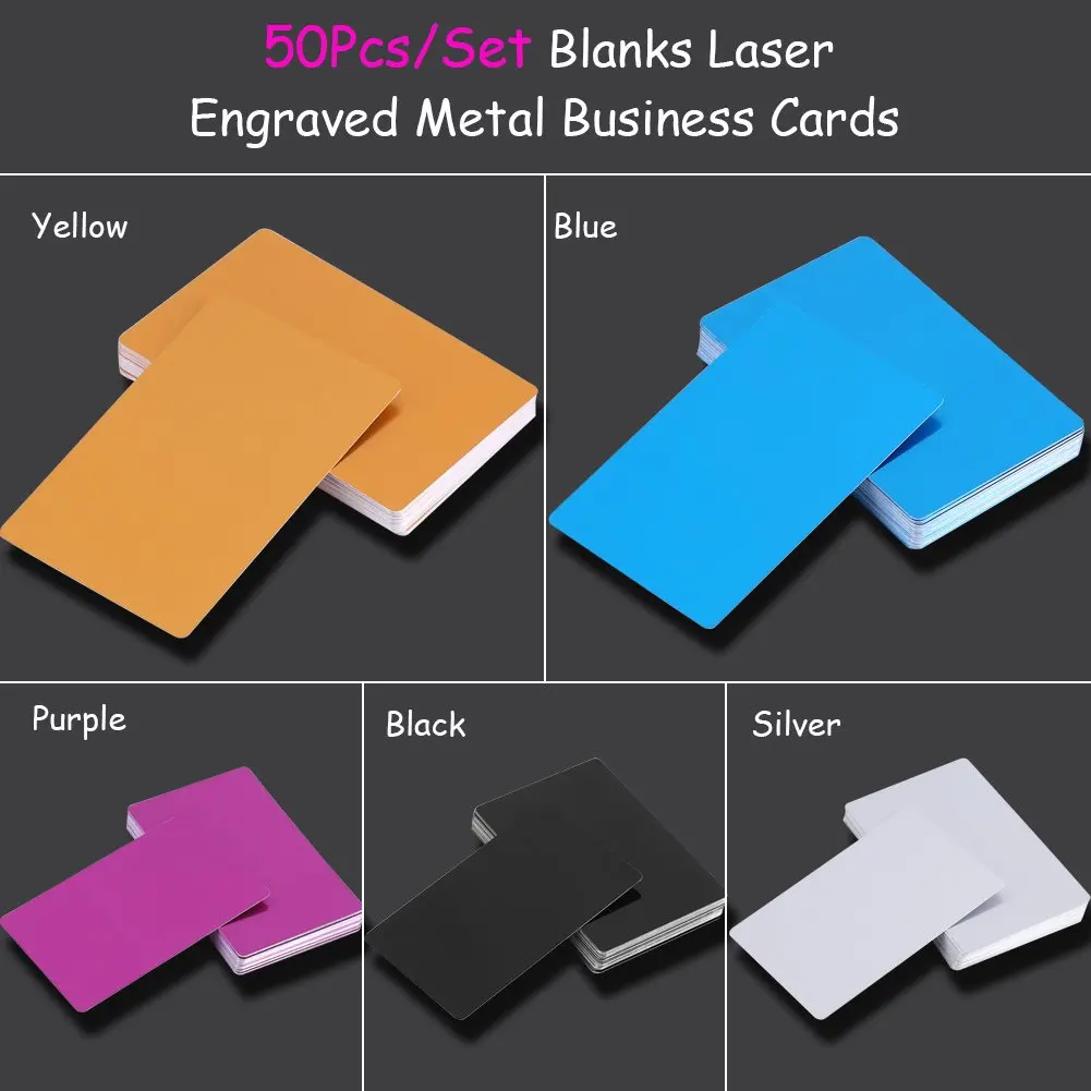 Tarjetas de visita de Metal para cliente, tarjetas en blanco de aleación de aluminio, grabado láser, regalo DIY, 7 colores opcionales (Dorado), 50