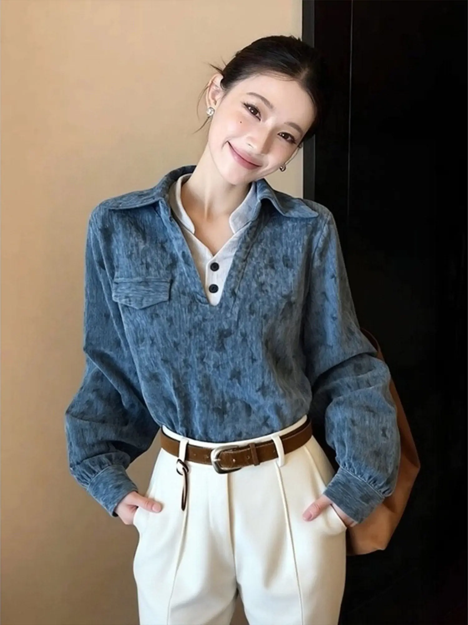 

Blue Commute Sle Loose Women's irt Fake Two-Piece Long Sve Faionable Spring New Arrival Comfortable Wear to Work