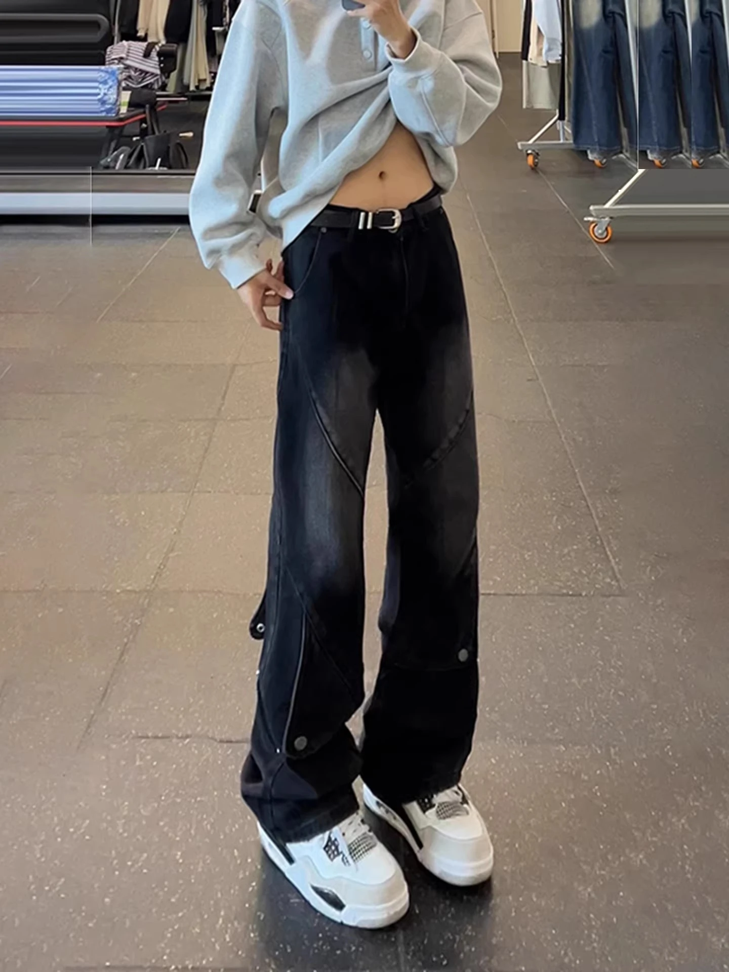 

Джинсы-клеш в стиле ретро American Sle, с высокой талией, прямые, повседневные, для мужчин и женщин, свободный драпированный крой