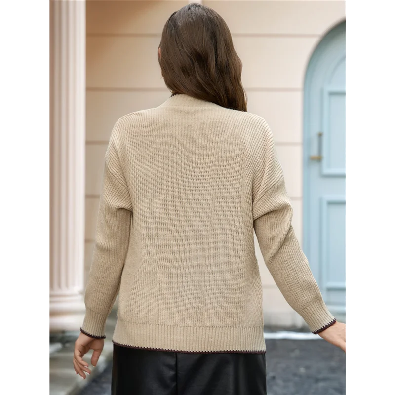 AD30-سترة نسائية بأكمام طويلة وكتلة ألوان وزر خريفي للأسفل معطف كاجوال ناعم منسوج مع جيب #4