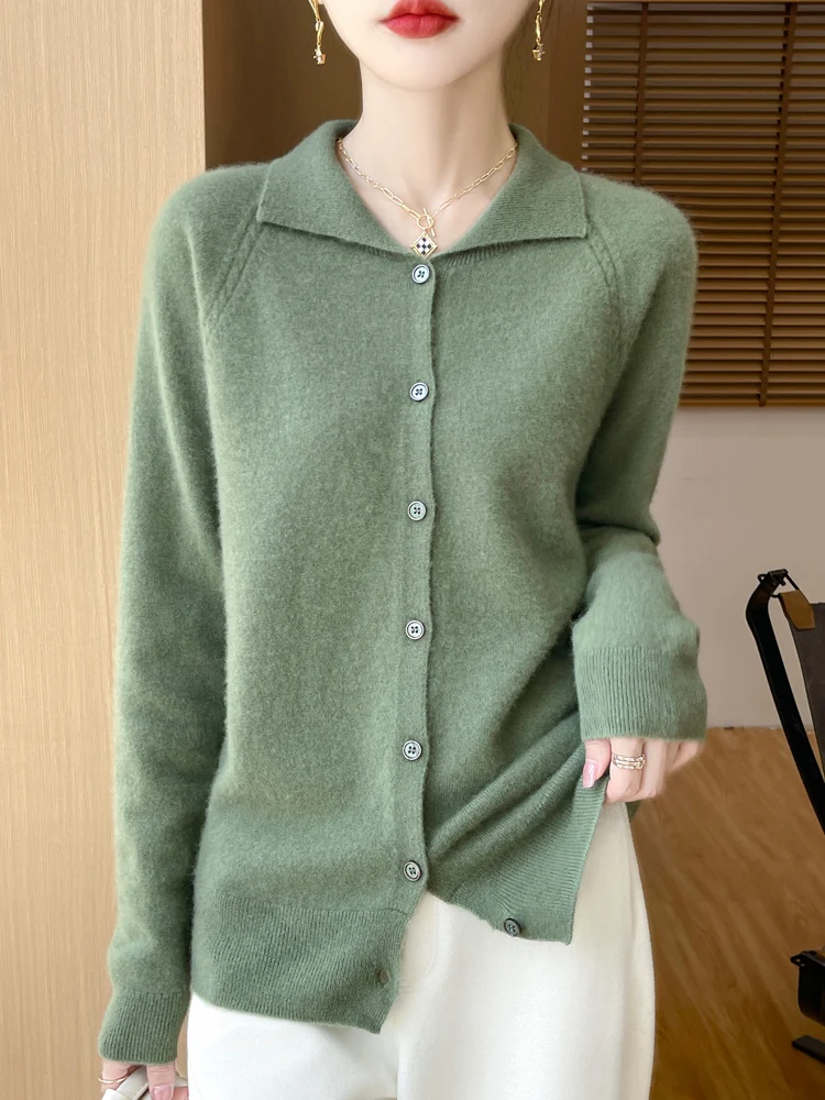 

Spring Autumn Single Breasted Solid Color Lapel Long Sleeved Cardigan Merino Wool Knitwear Women's Sweater Simple Style Tops