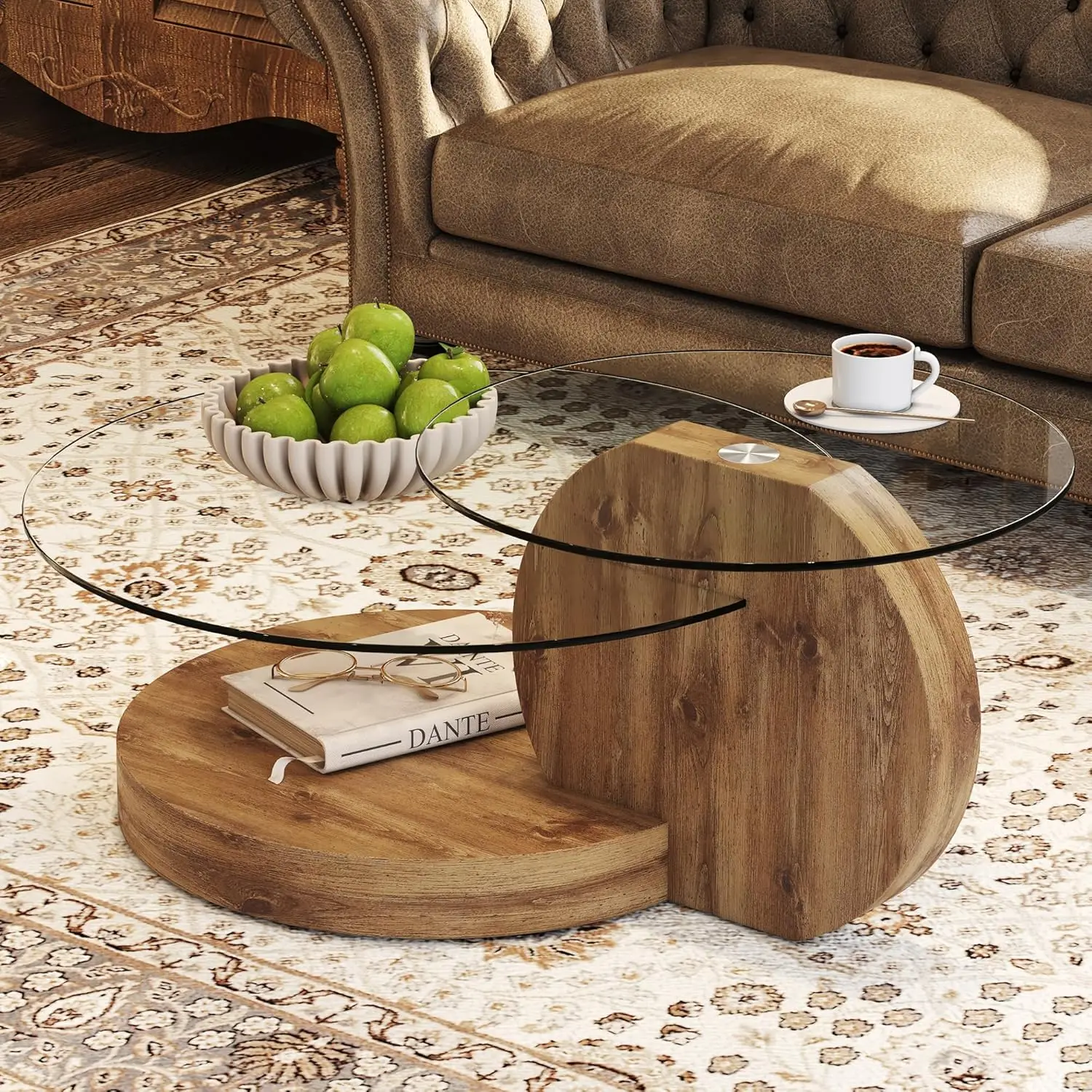 Glass Coffee Table, Modern Round Glass Coffee Table With Wooden Base, 3 Tier Round Coffee Table, Clear Cocktail Table With