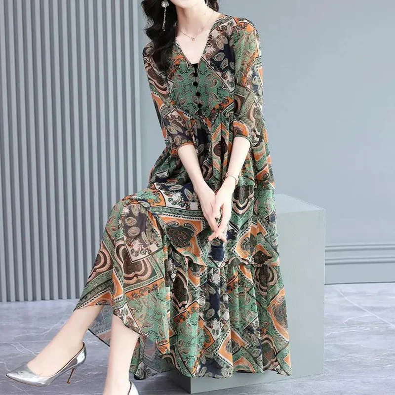 Vintage Elegant Floral Printing Button Chiffon Dresses Summer 2023 Half Sleeve V-Neck Loose Pullover Midi Dress Ladies Clothing