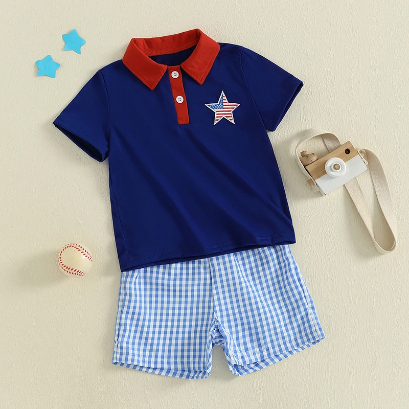 تي شيرت للأطفال الصغار في الرابع من يوليو بأكمام قصيرة وطية صدر مطرزة على شكل نجمة مع شورت منقوش بخصر مطاطي #4