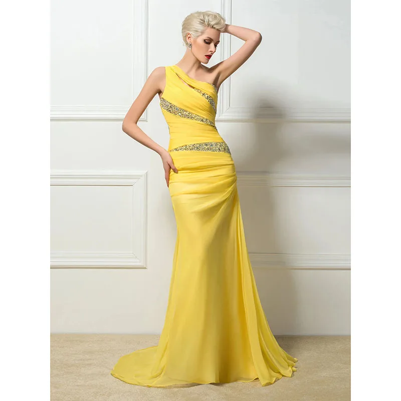 Vestido de noche de sirena con un hombro al aire para mujer, traje largo plisado con cuentas, Espalda descubierta, color amarillo, Formal, moderno, para fiesta y eventos