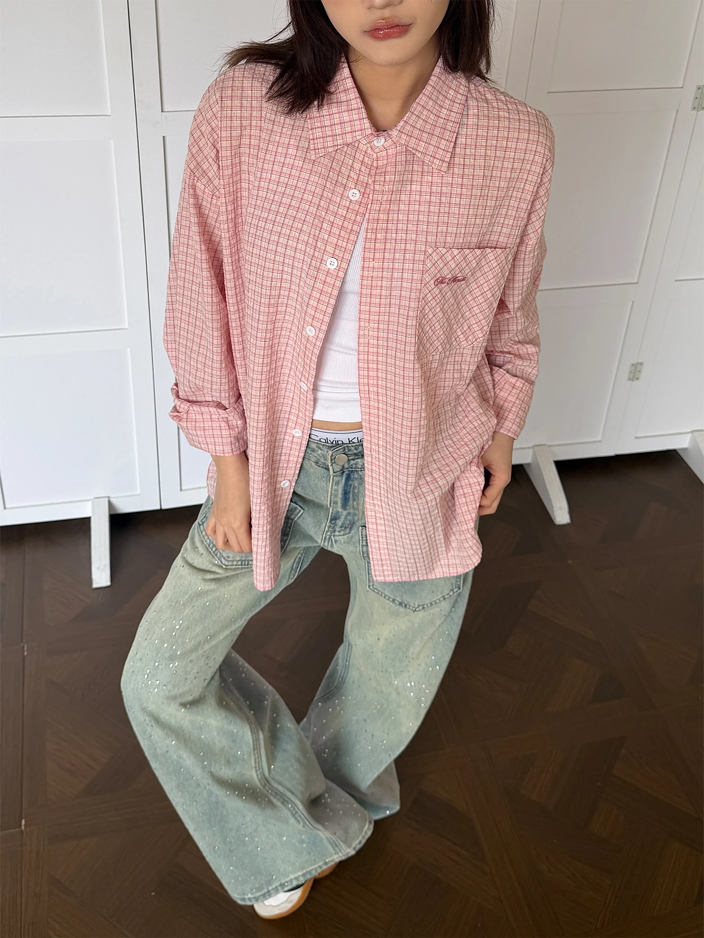 

Pink Plaid Long Sleeve Neck Shirt Casual Loose Unisex Couple's Fashion Cotton Polyester Blend Spring Summer Shirt