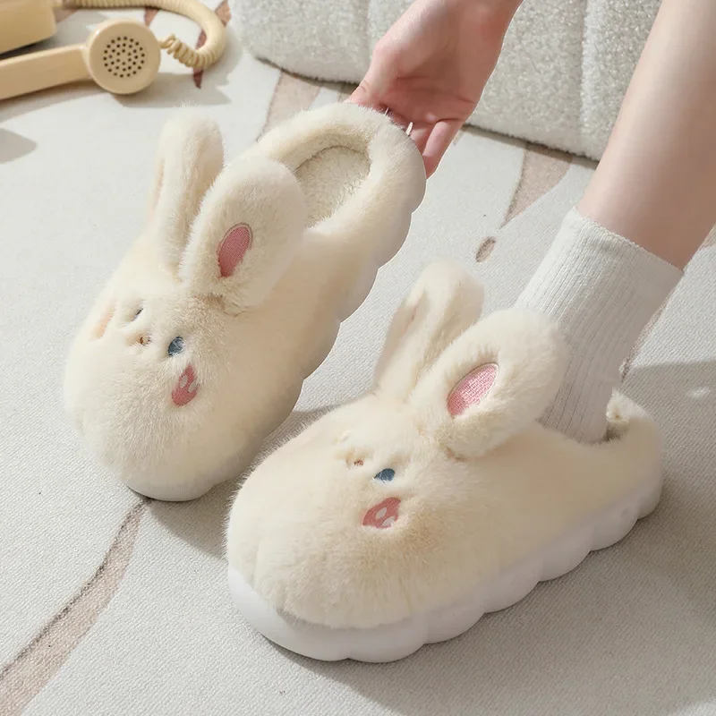 Faux Fur Rabbit Slippers for Women 2025 Winter Comfort Thick Bottom Non Slip Indoor Shoes Woman Warm Short Plush Home Slippers
