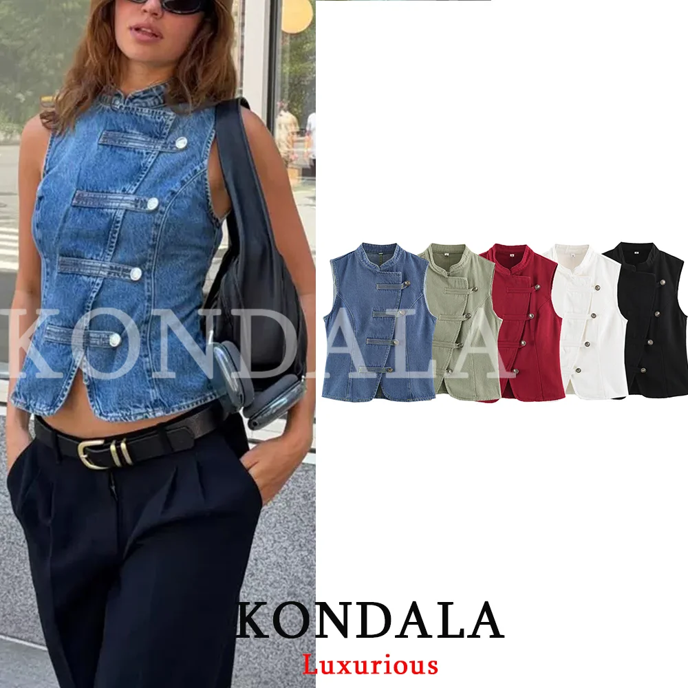 KONDALA High Street Casual Chic Damen Denim Tanktop mit Stehkragen und Einzelknopf – Modisches Sommer- und Herbst-Tanktop für den Urlaub 2026
