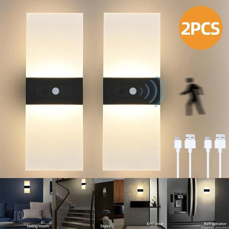 2 Stück USB-Aufladbare Wandleuchte mit Berührungs- und Bewegungssensor, Innen-Acryl-Nachtlichter für Schlafzimmer, Nachttisch-Wandleuchte, LED-Wandlicht