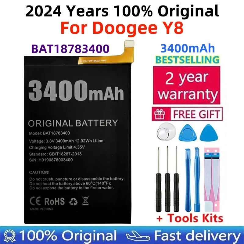 충전식 Doogee Y8 교체 배터리, 리튬 폴리머 배터리, BAT18783400, 3400mAh 테스트 완료, 수리 도구