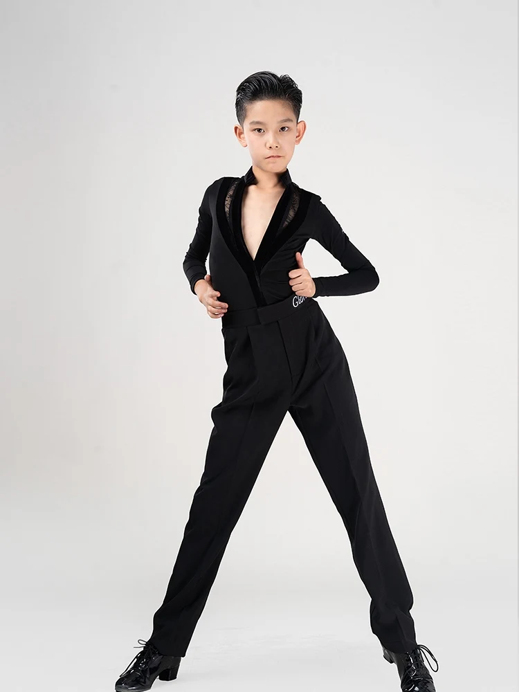 2024 New Boys Latin Dance Costume V-Neck Long Sleeve Shirt Pants Ballroom Dance Competition Clothes Tango Dance Outfit VDB8223