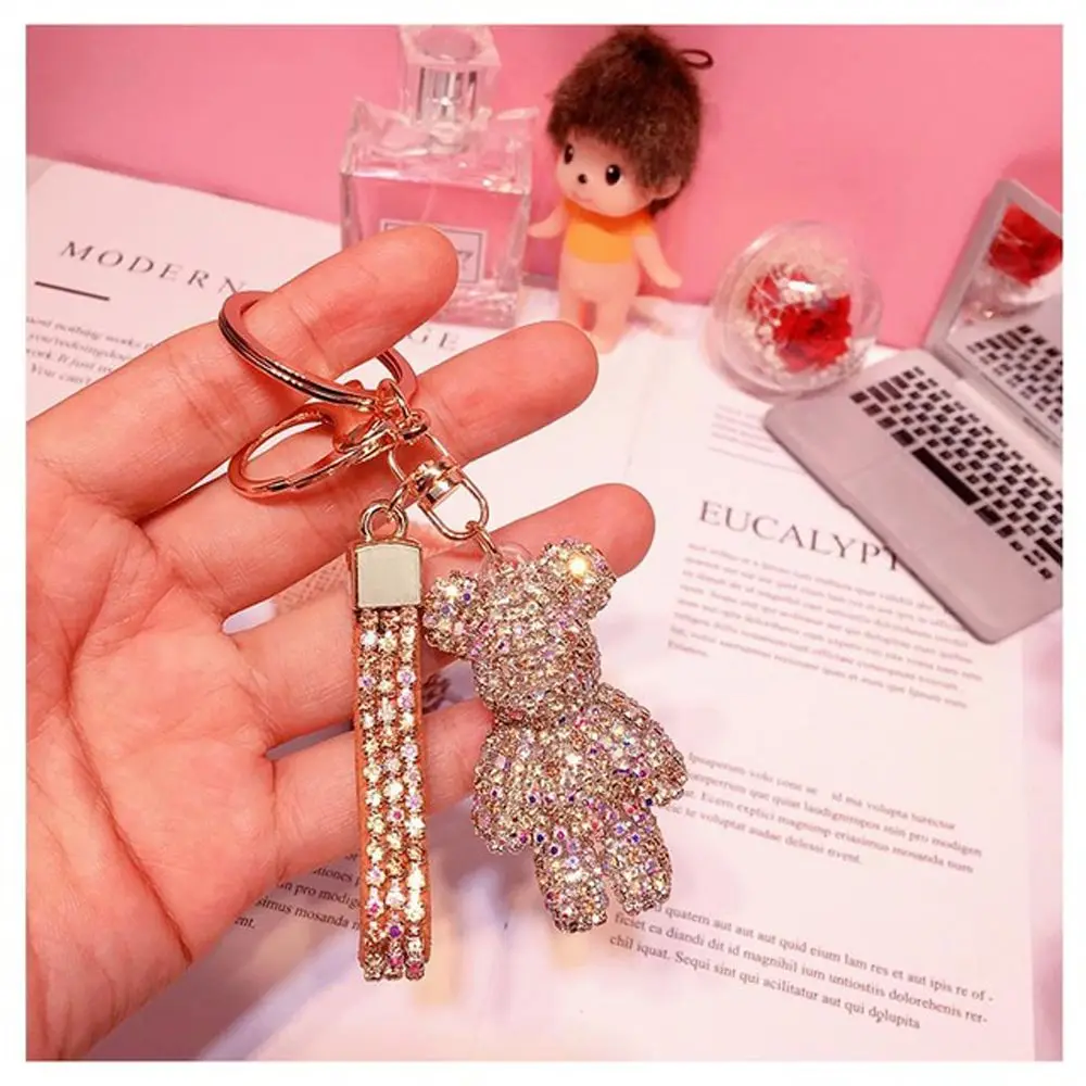 Gift Couple Key Ring Accessories Leather Strap Lanyard Bag Pendant Key Chain Rhinestone Bear Crystal Keychain Bag Charms