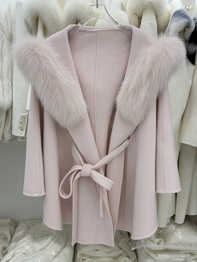 Polsini con collo in vera pelliccia di volpe cappotto allentato cintura Streetwear 2023 lana Cashmere miscele giacca invernale donna naturale spessa calda