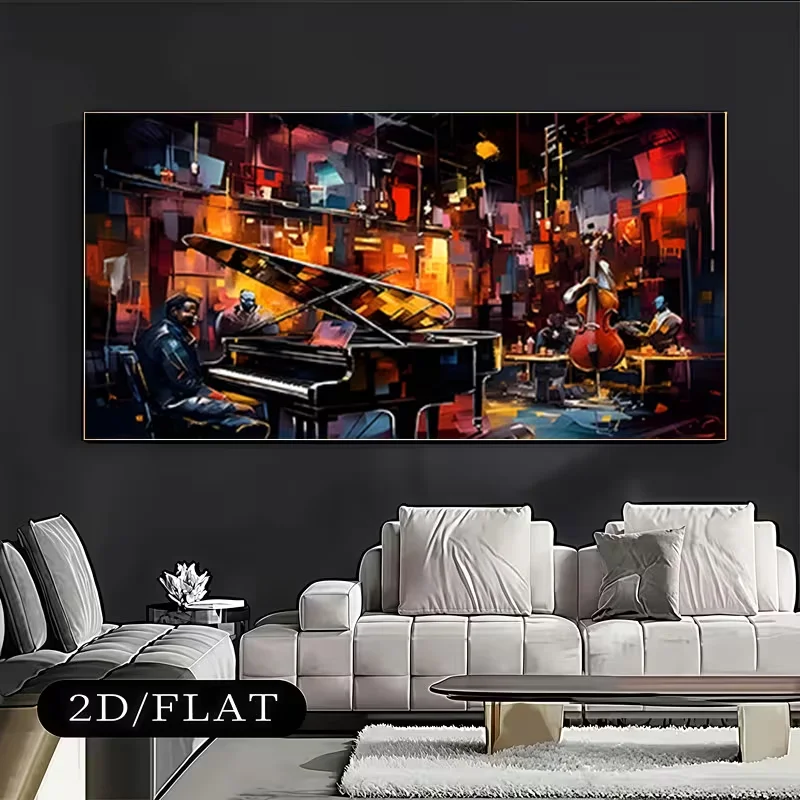 2D Flat, Large Modern Minimalist Jazz Wall - Horizontal Piano Musician Painting Suitable for, Music Studio Decor, Large Canvas f