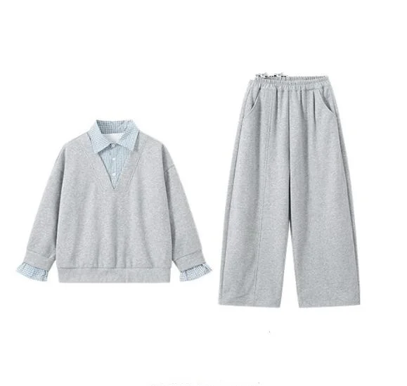 Teen Girls Sweatshirt Sets Spring Autumn Lapel Patchwork Top + Wide-leg Pants 2PCS Children Tracksuit Casual Kids Clothes Suit