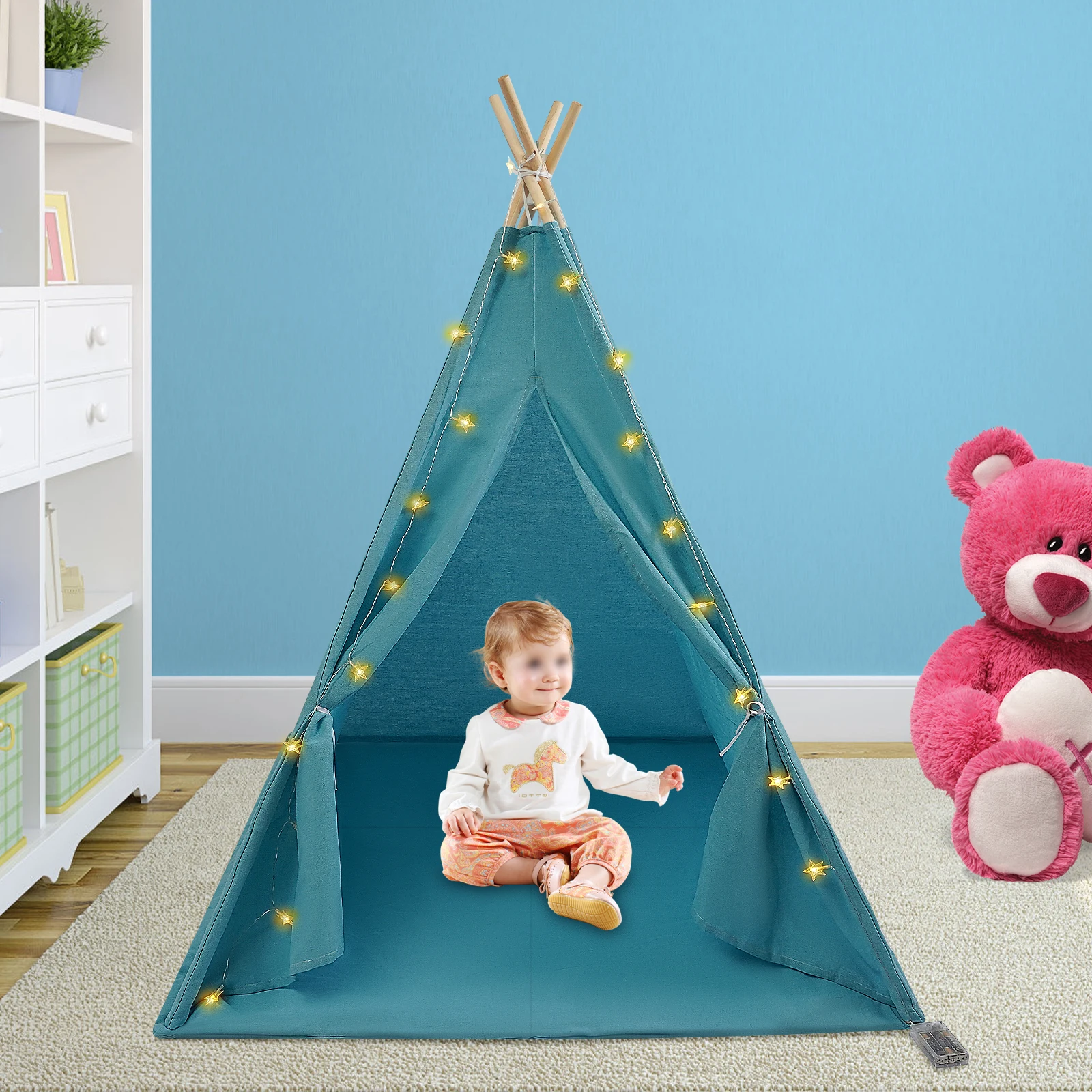 Tipi-Zelt für Kinder – Spielzelt aus 100 % Baumwolle und Leinen mit gepolsterter Matte und Sternlichtern, faltbares Indoor-Spielzelt für Mädchen und Jungen – Detail 4