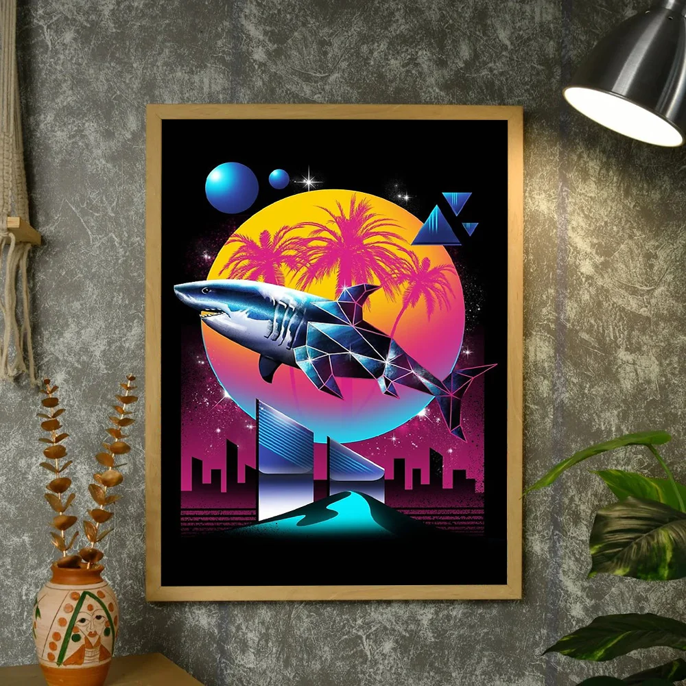 القرش قماش جدار الفن المحيط الغروب Cyberpunk المشهد طباعة Vaporwave الجمالية غرفة ديكور خمر اللوحة الرجعية هدية
