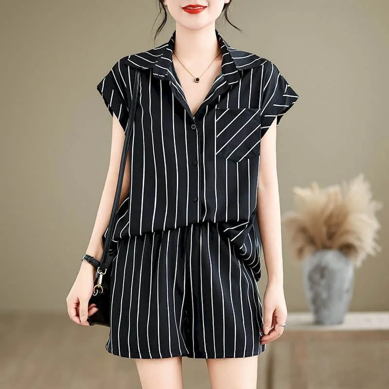 

Новые одинаковые комплекты, однобортные рубашки поло с короткими рукавами и принтом в полоску, повседневные брюки, комплекты из 2 предметов, женские летние костюмы