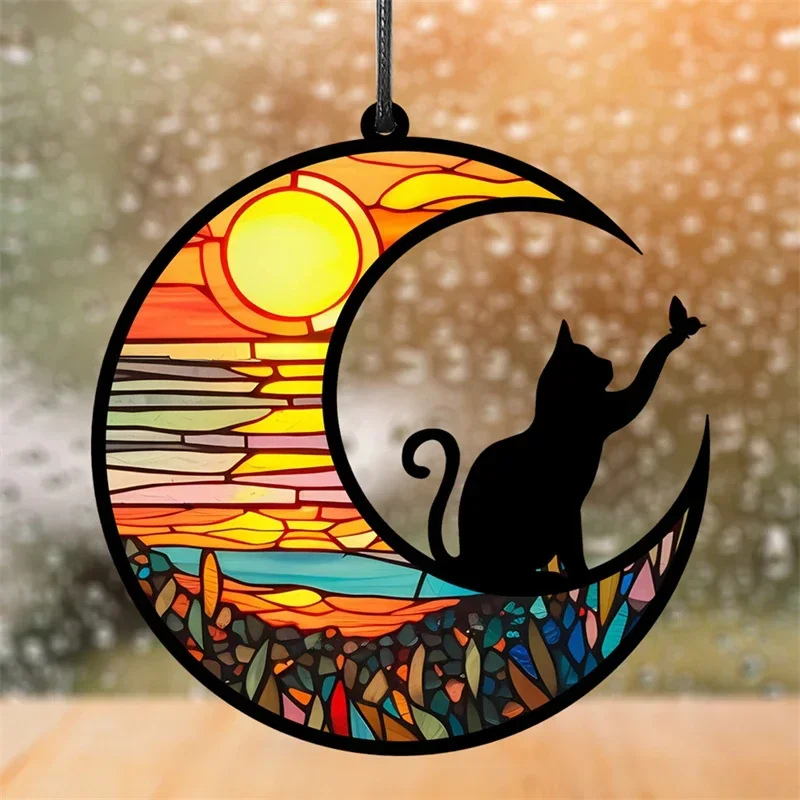 Retro Stained Colorful Acrylic Hanging Decoration Cat on Moon Landscape Tropical Plant Sunrise Ocean Home Decor Ornament Gift