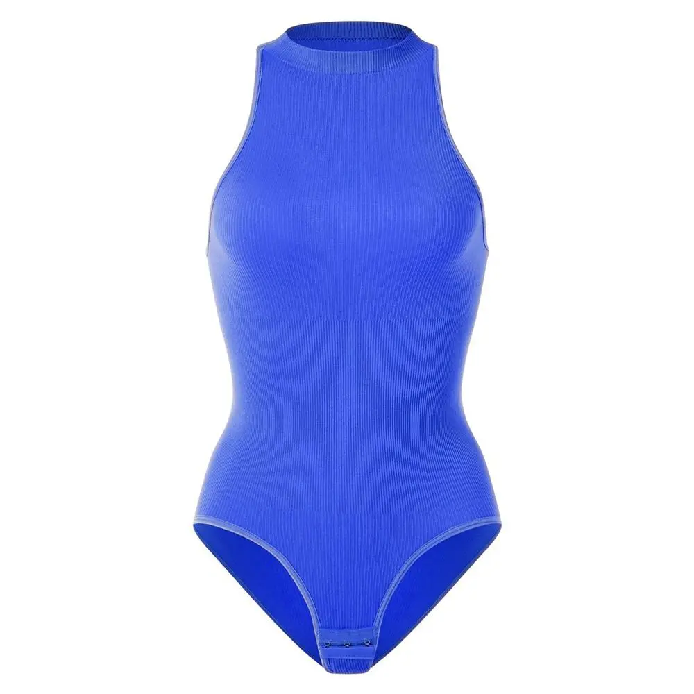 

Comfortable Ribbed Women's Bodysuits Halter Neck Sleeveless Compression Shapewear Snatched Waist Thong Tank Top Jumpsuit Running
