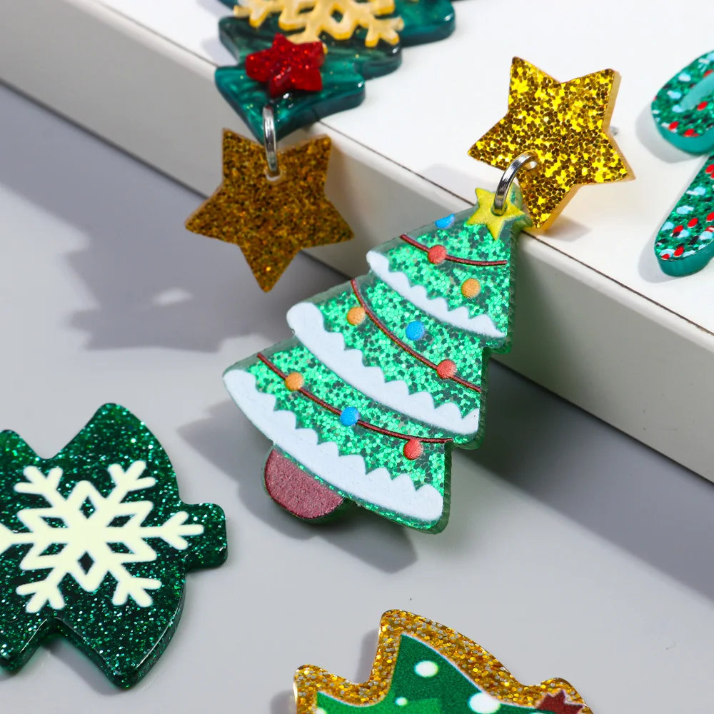 بريق الاكريليك شجرة عيد الميلاد نجمة استرخى أقراط للنساء ، الكرتون بيان النبات القرط ، هدايا عيد الميلاد والمجوهرات ، جديد ، والأزياء #4