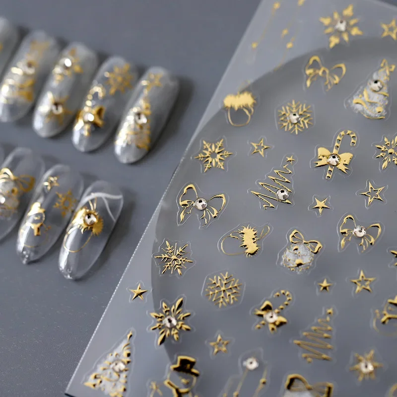 Gouden Sneeuwvlok Strik Sneeuwpop Mooie Kerst 3d Zelfklevende Nail Art Sticker Strass 5d Reliëfs Reliëfs Manicure Stickers