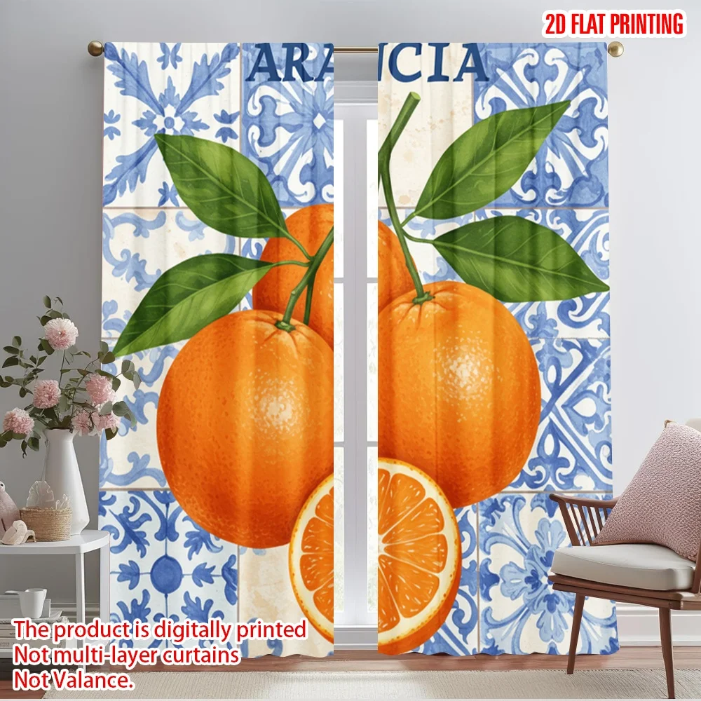 

2pcs 2D flat printing Party Window Curtains Orange Citrus Branch Fabric Without Electricity All Season Party & Holiday Decor for