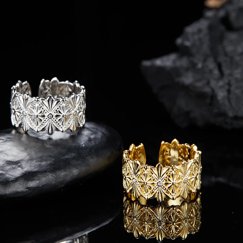 

S925Sterling Silver Flower Hollow Retro Ring for WomeninsWide Open Index Finger Ring Jewelry