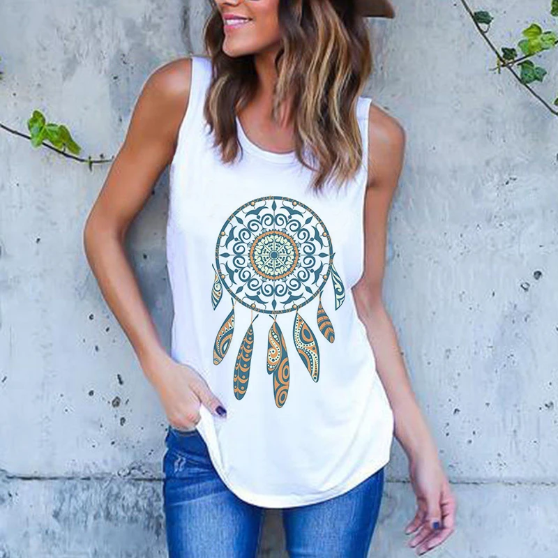 Lato Harajuku Vintage Feather Dreamcatcher Print damskie podkoszulki Casual O-Neck kamizelka bez rękawów Streetwear koszulka damska ubrania — zdjęcie 6