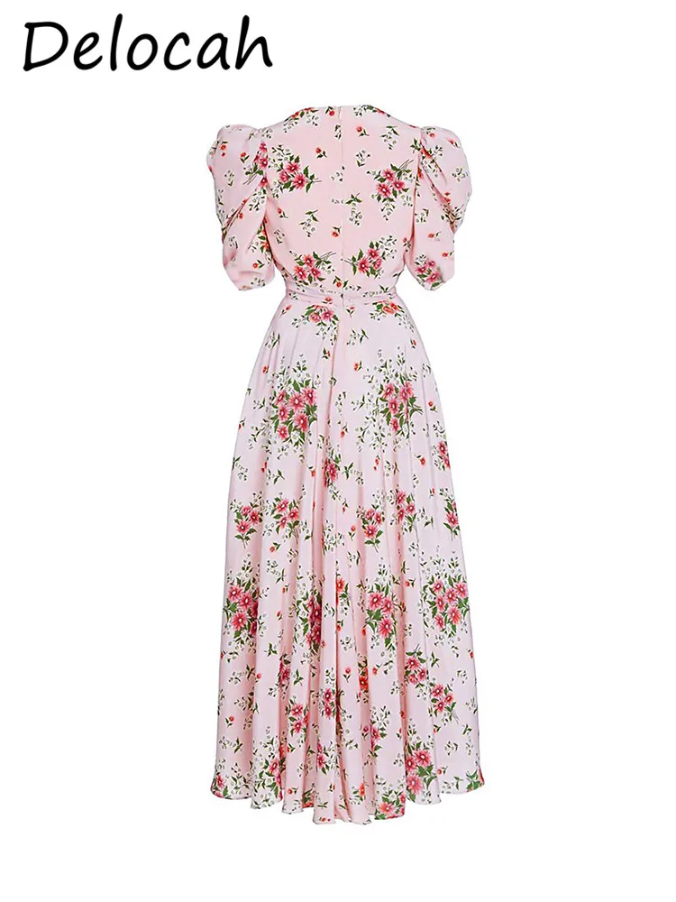 Delocah francês verão rosa impressão magro 2024 novo irregular super bonito cetim rico família filha vestido longo