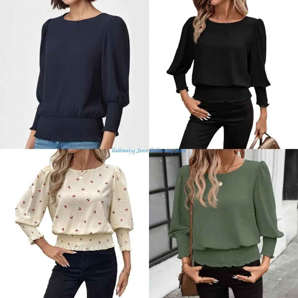 

573B Женская модная блузка с пышными рукавами с вишневым принтом и повседневные топы с круглым вырезом, созданные для стильных