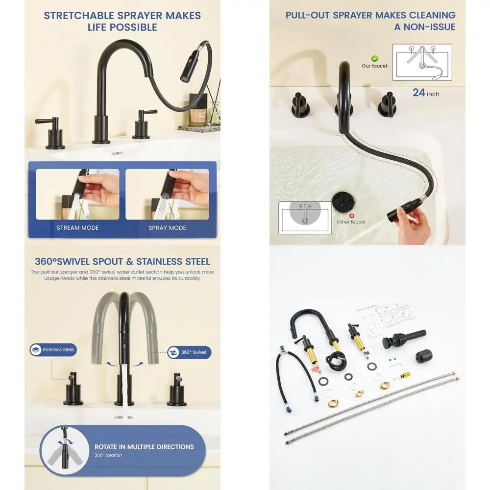 

Matte Black 3-Hole Widespread 2-Handle Pull-Down Faucet with Sprayer, Pop-Up Drain & Supply Lines