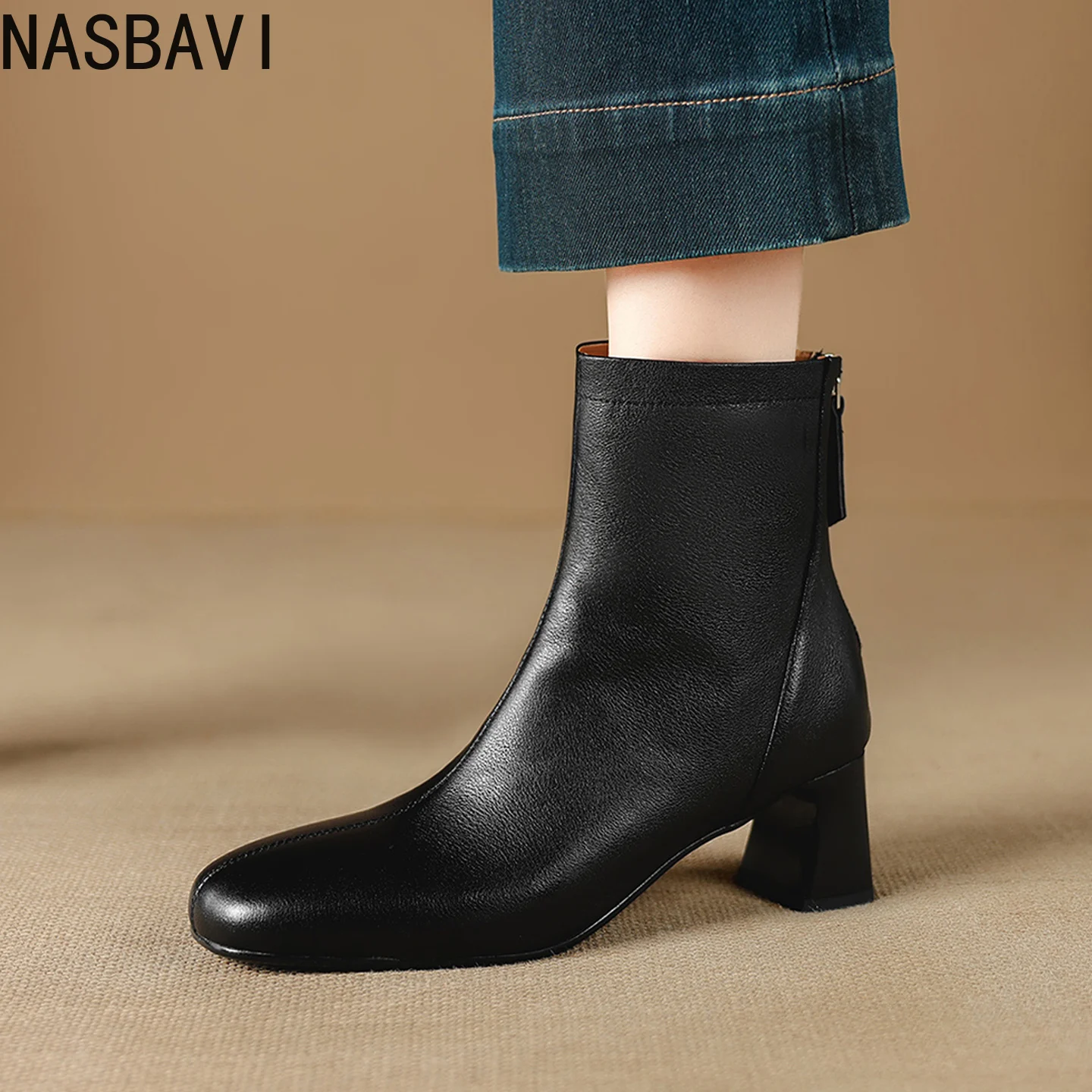 NASBAVI News Fashion Women Ankle Boots Winter Shoes Cow Leather Autumn High Heels Zipper Sexy Warm Square Toe Short Boots 34-40