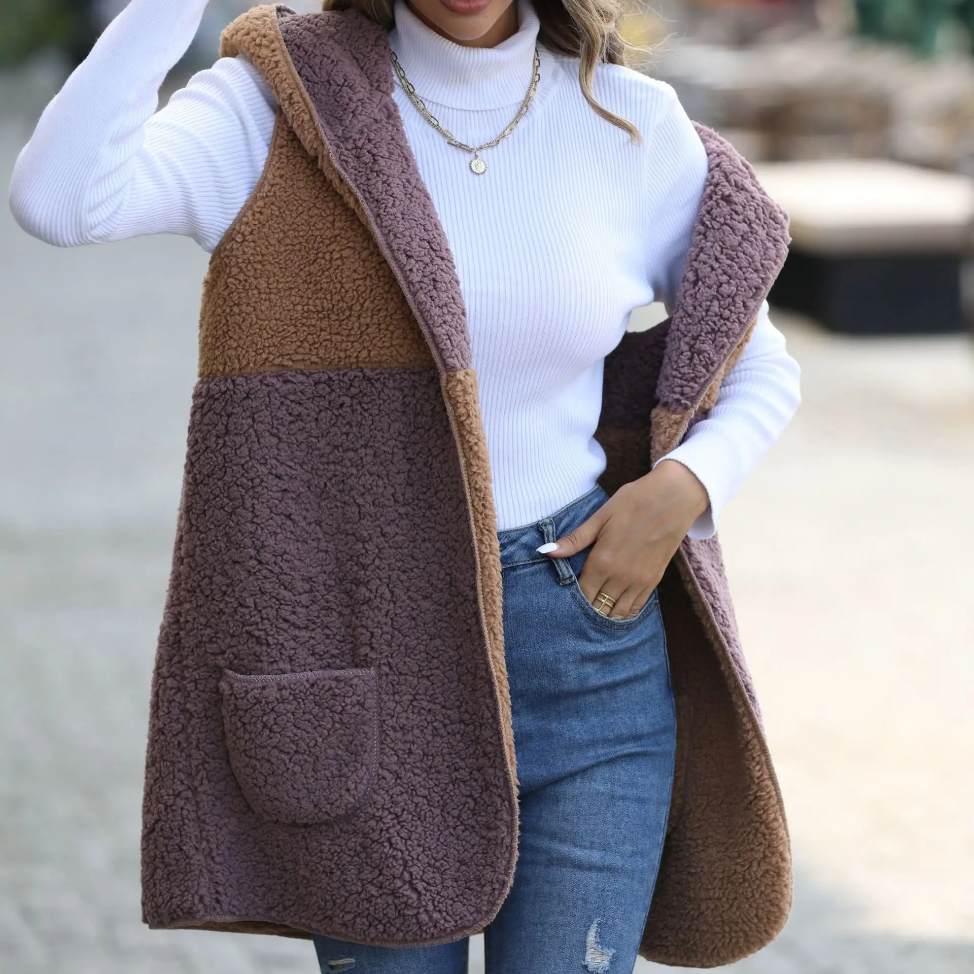 Women Long Hooded Parkas Coats Patchwork Jackets Sleeveless Pockets Open Stitch Loose Fit Casual Office Lady 2025 Autumn Winter