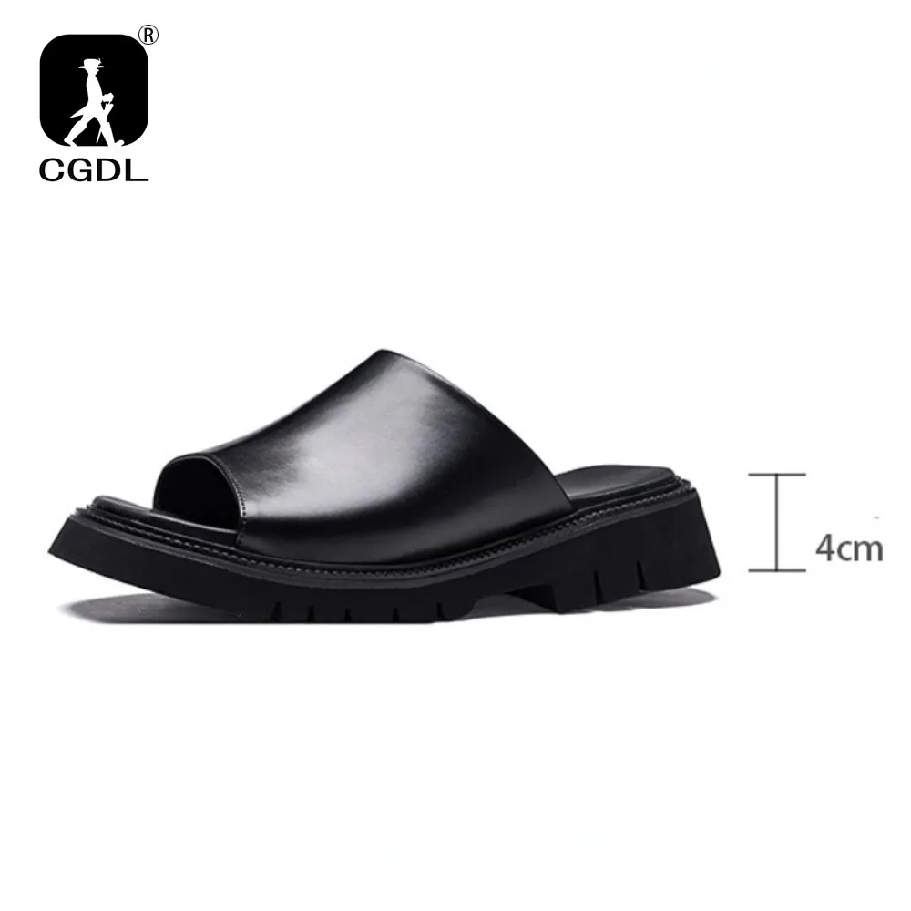 Real Leather Mens Slippers Platform 4cm High Heels Luxury Genuine Leather Quality Brand Handmade Outdoor Business Slippers Shoes